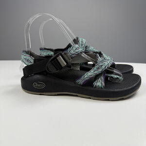 Chaco Women's Strappy Outdoor Sandals — Black with Teal Multicolor Webbing